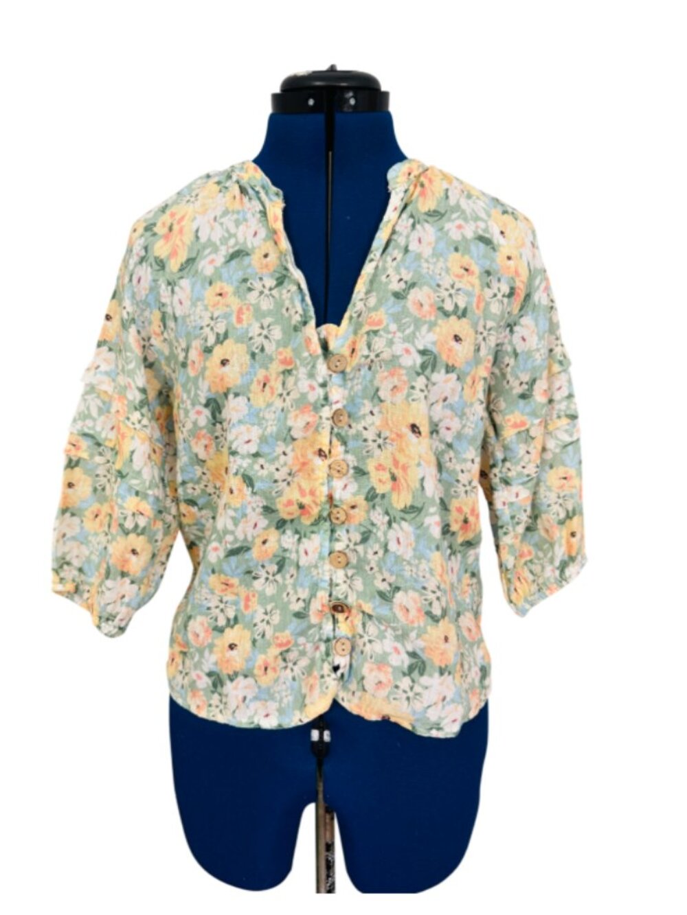 Astrid Linen Green Floral Blouse